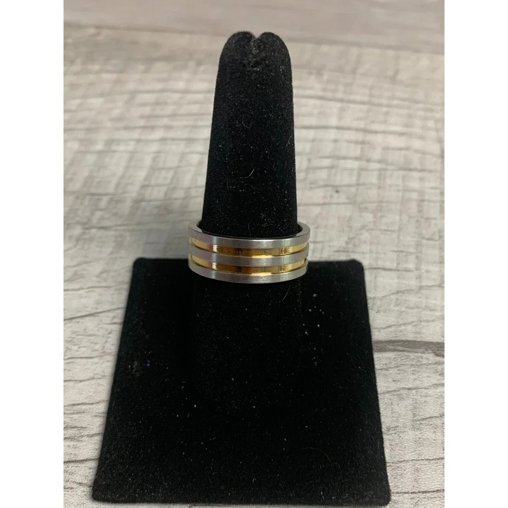 Mens Two Tone Silver Gold Band Ring Brushed Finish Modern Minimalist Sz 9.5 3418